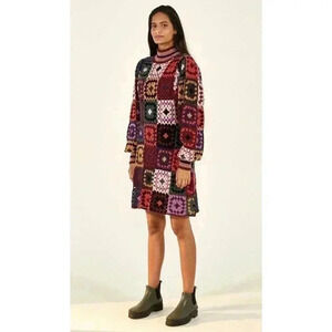 Farm Rio Mosaic Patchwork Crochet Sweater Dress Small Wool Blend Granny Square